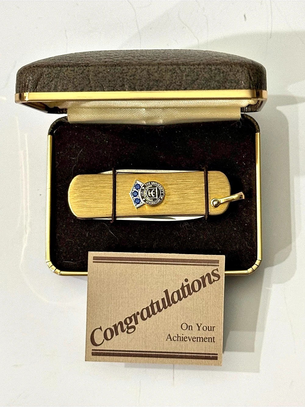 University Of Michigan, SS blades, 3 Lab Sapphire jeweled Gold tone key fob